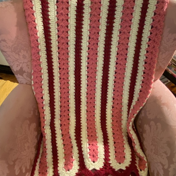 Vintage Handmade Crocheted Afghan Blanket; Rose, Pink, and Cream Stripes; 45x60 - Picture 8 of 10